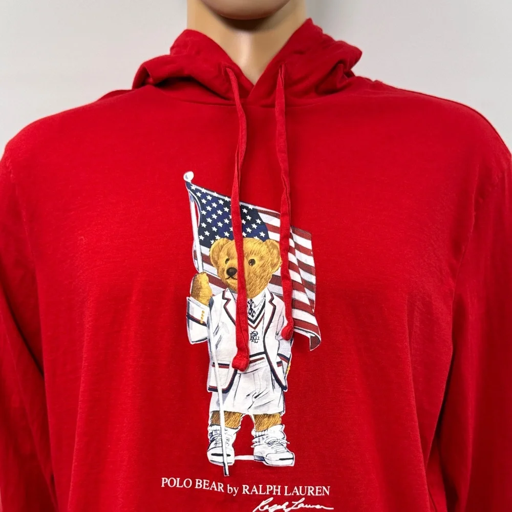 Polo Ralph Lauren Polo Bear Print Red Hooded Long Sleeve T-Shirt Size XL